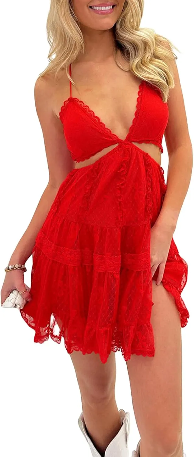 Womens Corset Lace Mini Dress Y2k Sexy Ruffle Hem A Line Bodycon Party Night Club Wear Camisole Short Dresses
