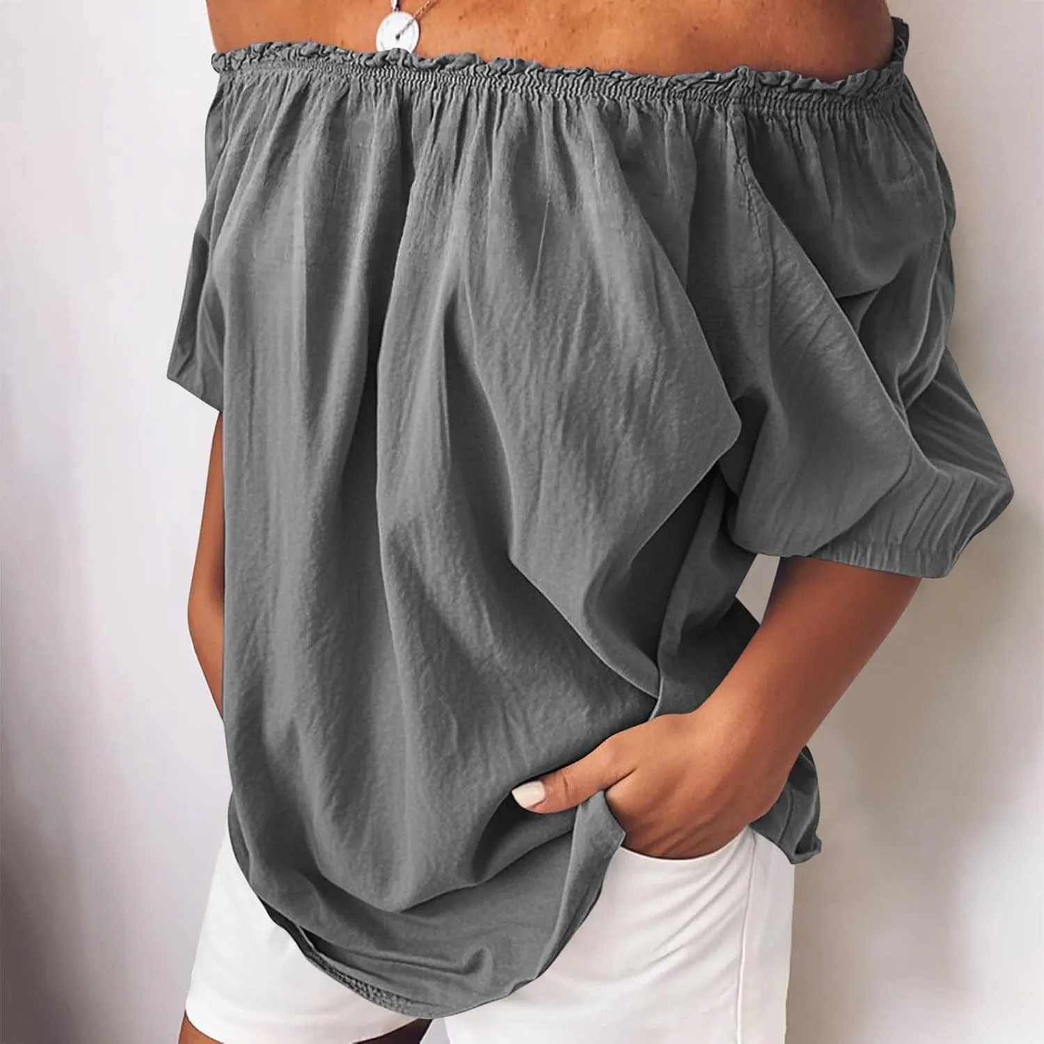 Womens Cotton Linen Off The Shoulder T Shirt Fashion Frill Trim Short Sleeve Casual Tops Summer Elegant Oversized Blouses