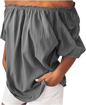 Womens Cotton Linen Off The Shoulder T Shirt Fashion Frill Trim Short Sleeve Casual Tops Summer Elegant Oversized Blouses