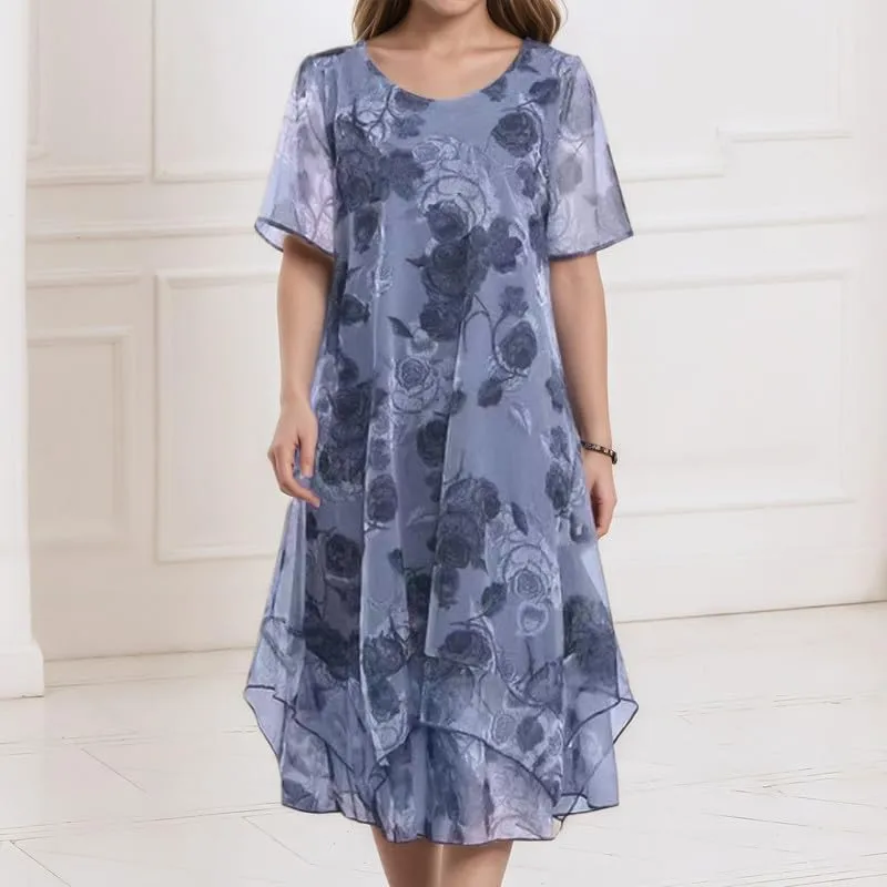 Women's Floral Chiffon Midi Dress Vintage Short Sleeve Casual Shift Dresses Flowy Layered Knee Length Party Dress