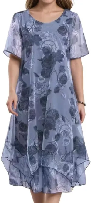 Women's Floral Chiffon Midi Dress Vintage Short Sleeve Casual Shift Dresses Flowy Layered Knee Length Party Dress
