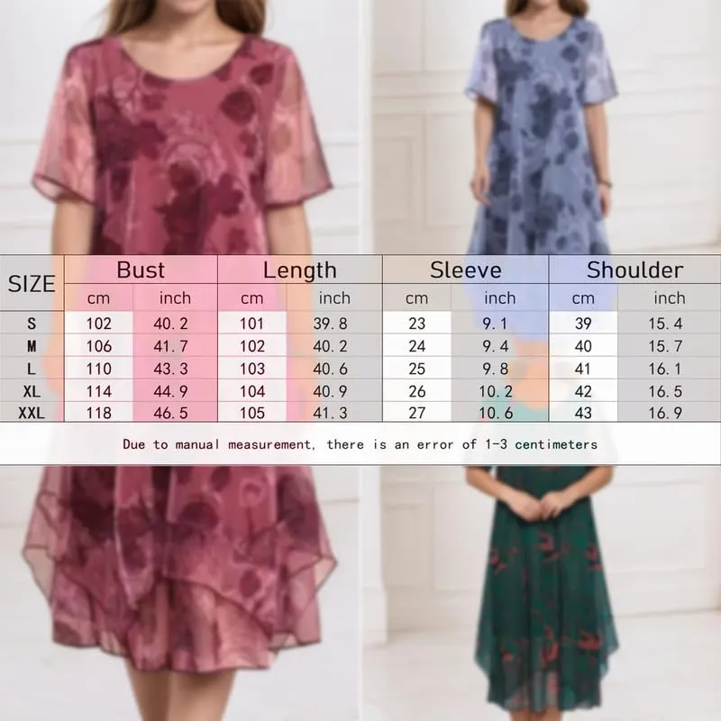 Women's Floral Chiffon Midi Dress Vintage Short Sleeve Casual Shift Dresses Flowy Layered Knee Length Party Dress