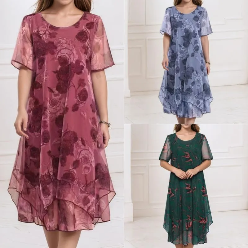 Women's Floral Chiffon Midi Dress Vintage Short Sleeve Casual Shift Dresses Flowy Layered Knee Length Party Dress