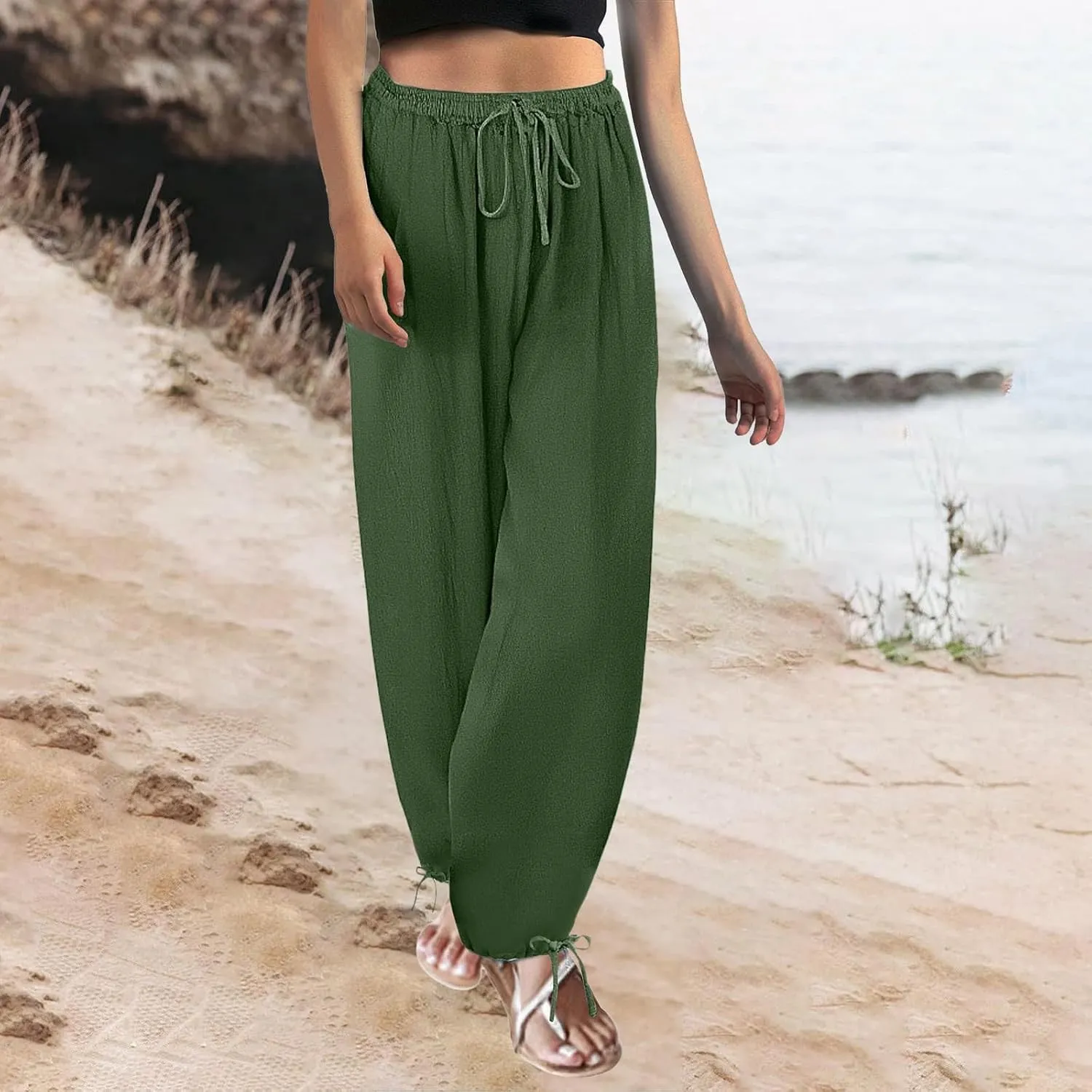 Womens High Waist Casual Pants, Cotton Linen Blend Flattering Fit Breathable & Comfortable Trousers for All Body Types
