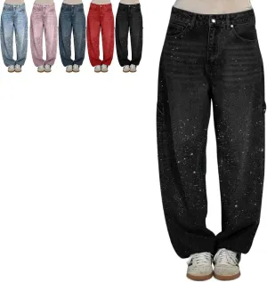 Women's High Waisted Rhinestone Jeans, Wide Leg Sparkly Harem Jeans, XS-3XL, Blue