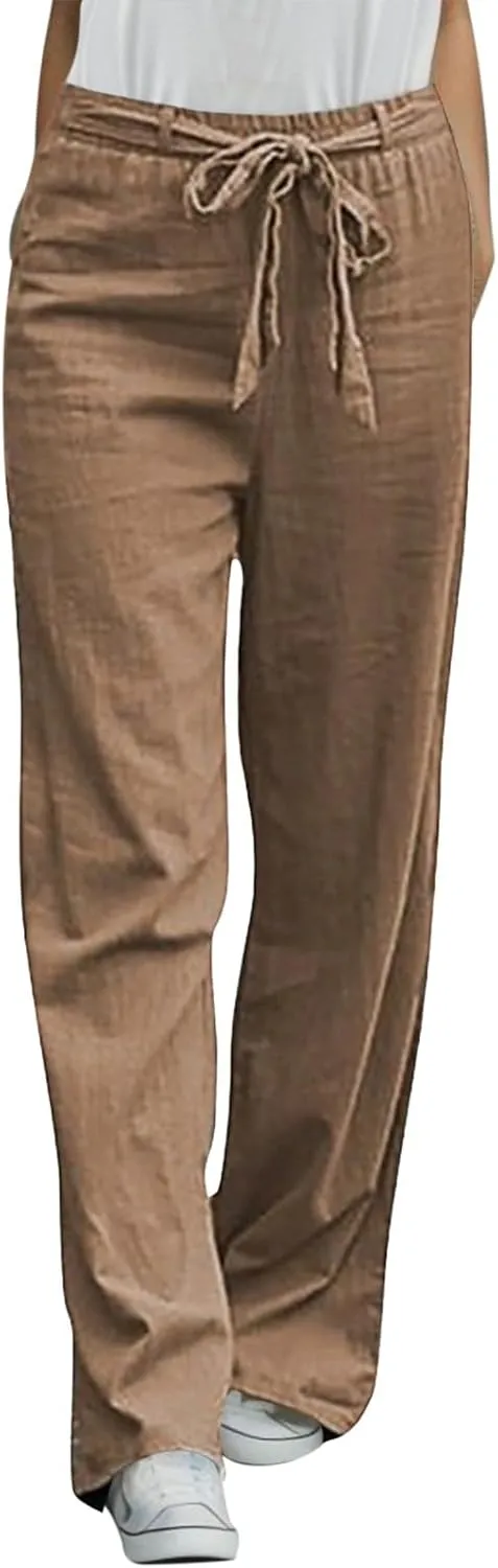 Womens High Waisted Wide Leg Pants Casual Drawstring Elastic Trousers Comfy Straight Leg Long Palazzo Yoga Pants Pocket