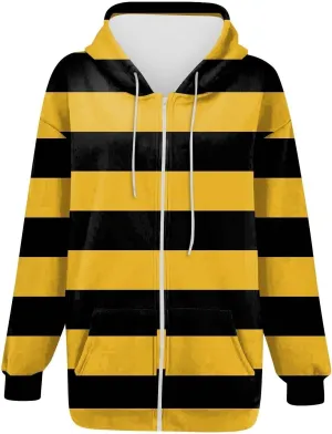 Women's Hooded Sweatshirt Fashion Contrast Striped Print Long Sleeve Zipper Blouse Tops Hoodies Jacket with Pocket