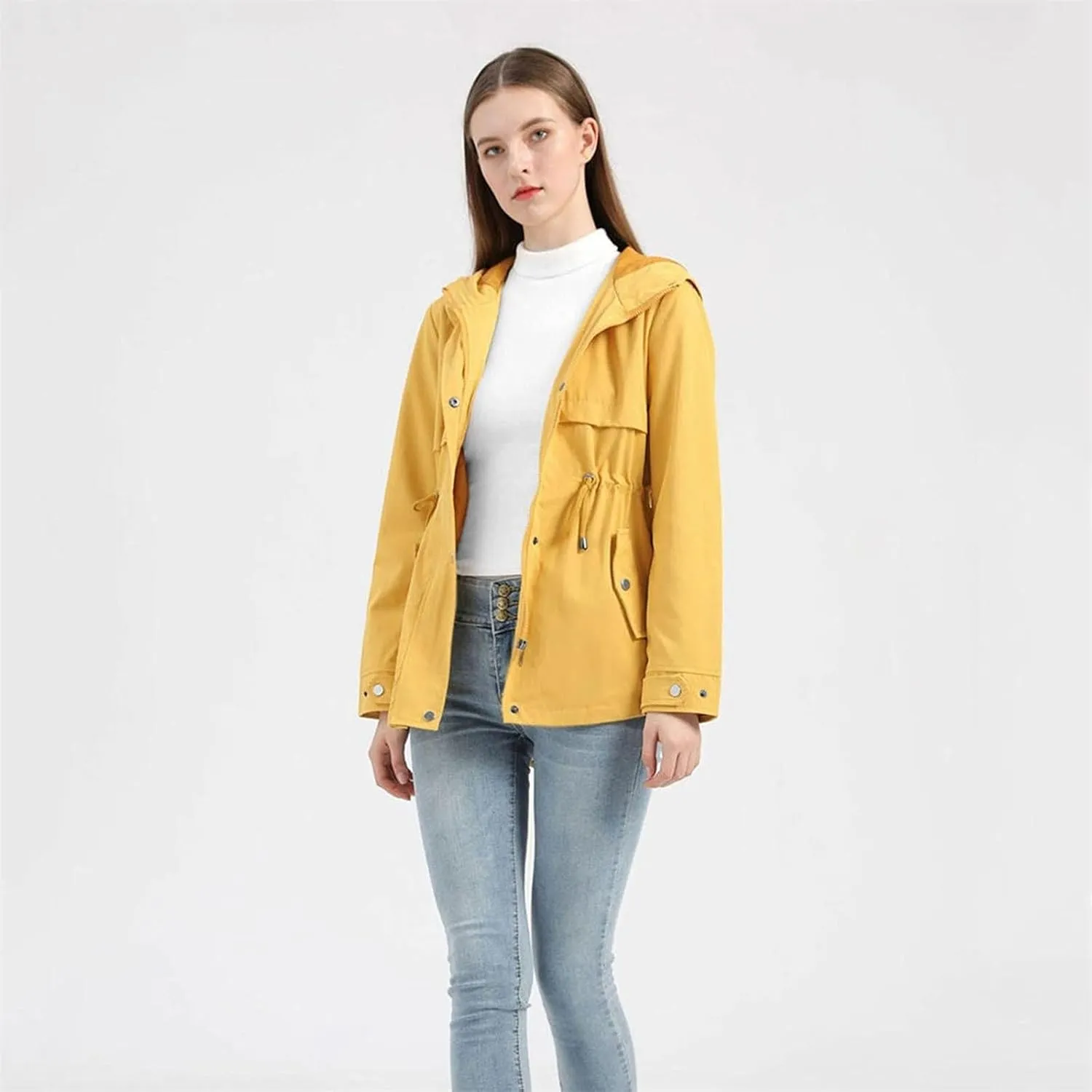Women's Ligtweight Jackets Anorak Utility Drawstring Waist Hoodie Zip Up Fall Casual Trench Coat with Pockets
