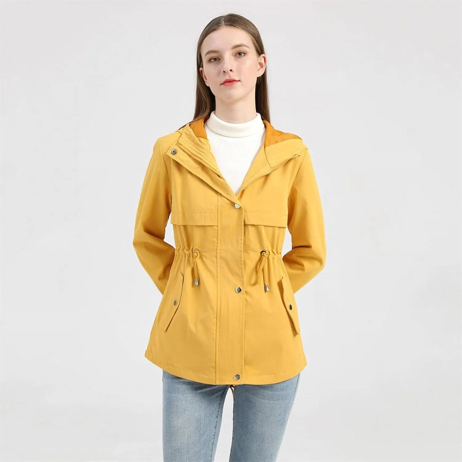 Women's Ligtweight Jackets Anorak Utility Drawstring Waist Hoodie Zip Up Fall Casual Trench Coat with Pockets