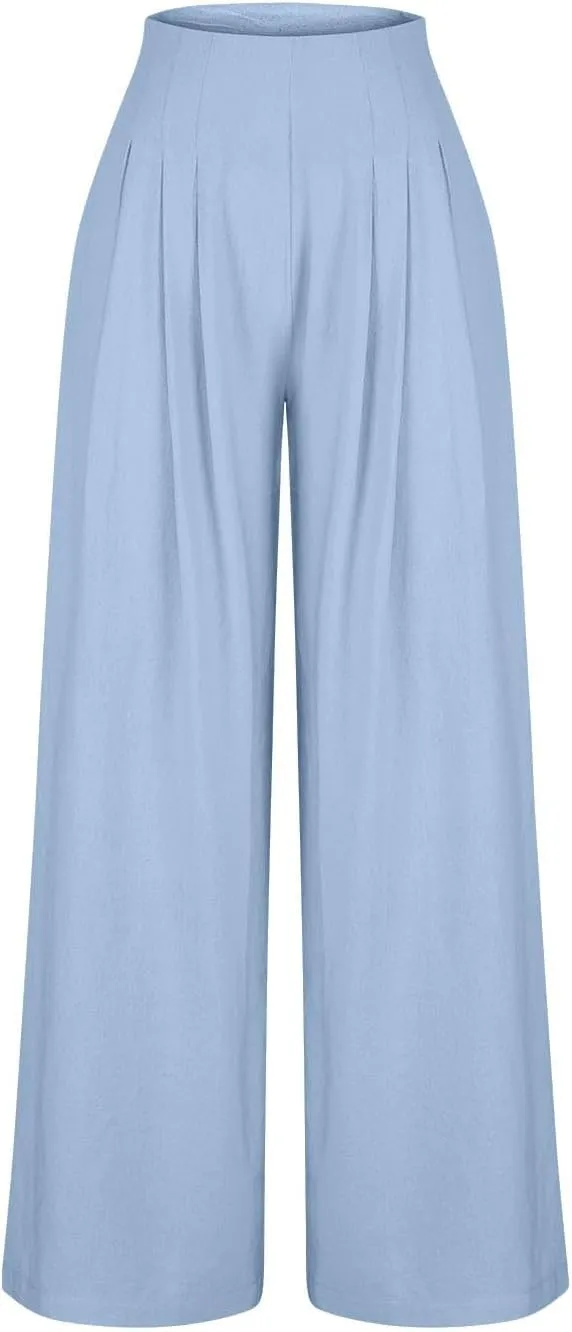 Women's Linen Palazzo Pants Summer Casual Vacation High Waist Wide Leg Trousers Trendy Pleated Beach Lounge Pant 2025