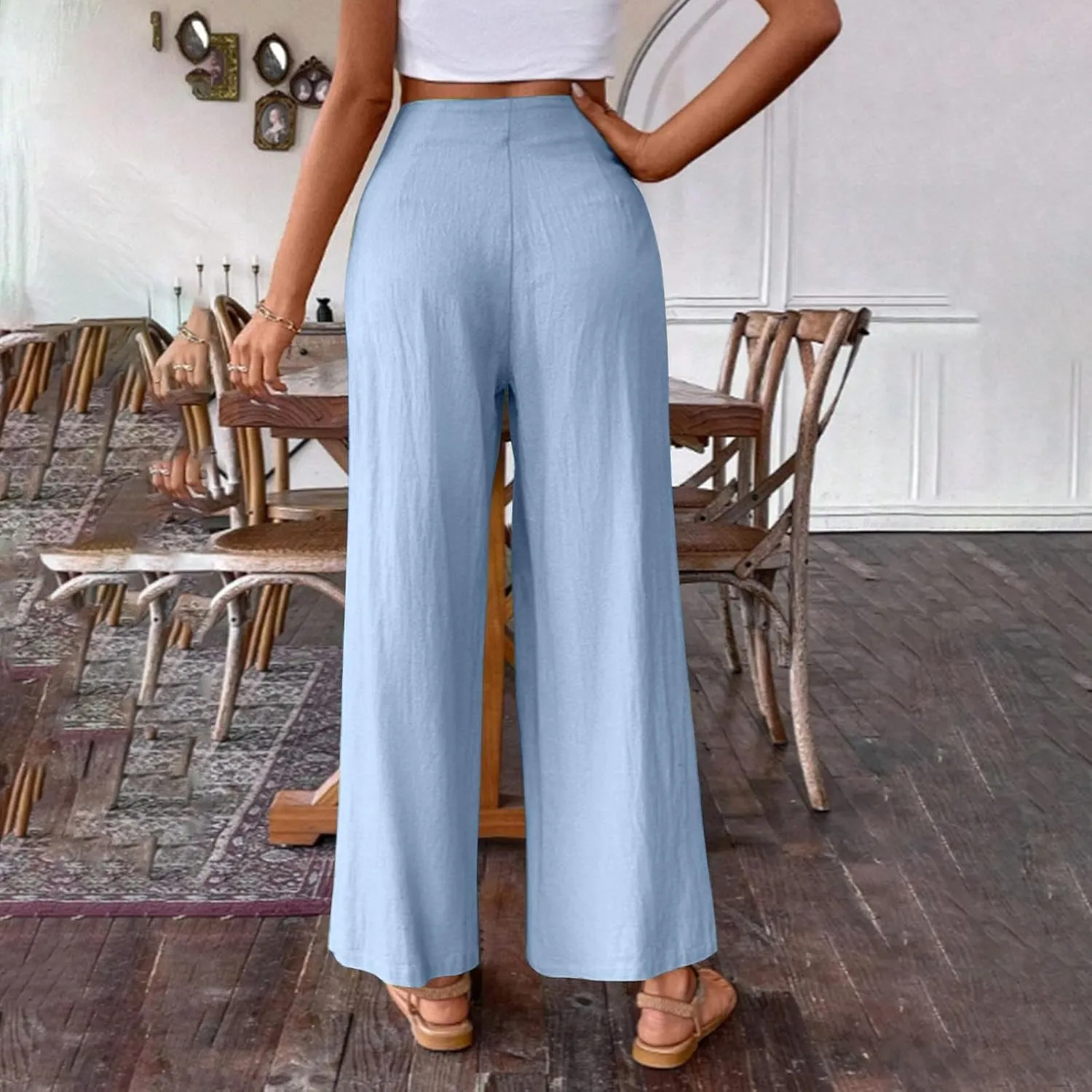 Women's Linen Palazzo Pants Summer Casual Vacation High Waist Wide Leg Trousers Trendy Pleated Beach Lounge Pant 2025
