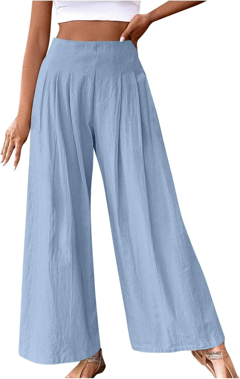 Women's Linen Palazzo Pants Summer Casual Vacation High Waist Wide Leg Trousers Trendy Pleated Beach Lounge Pant 2025