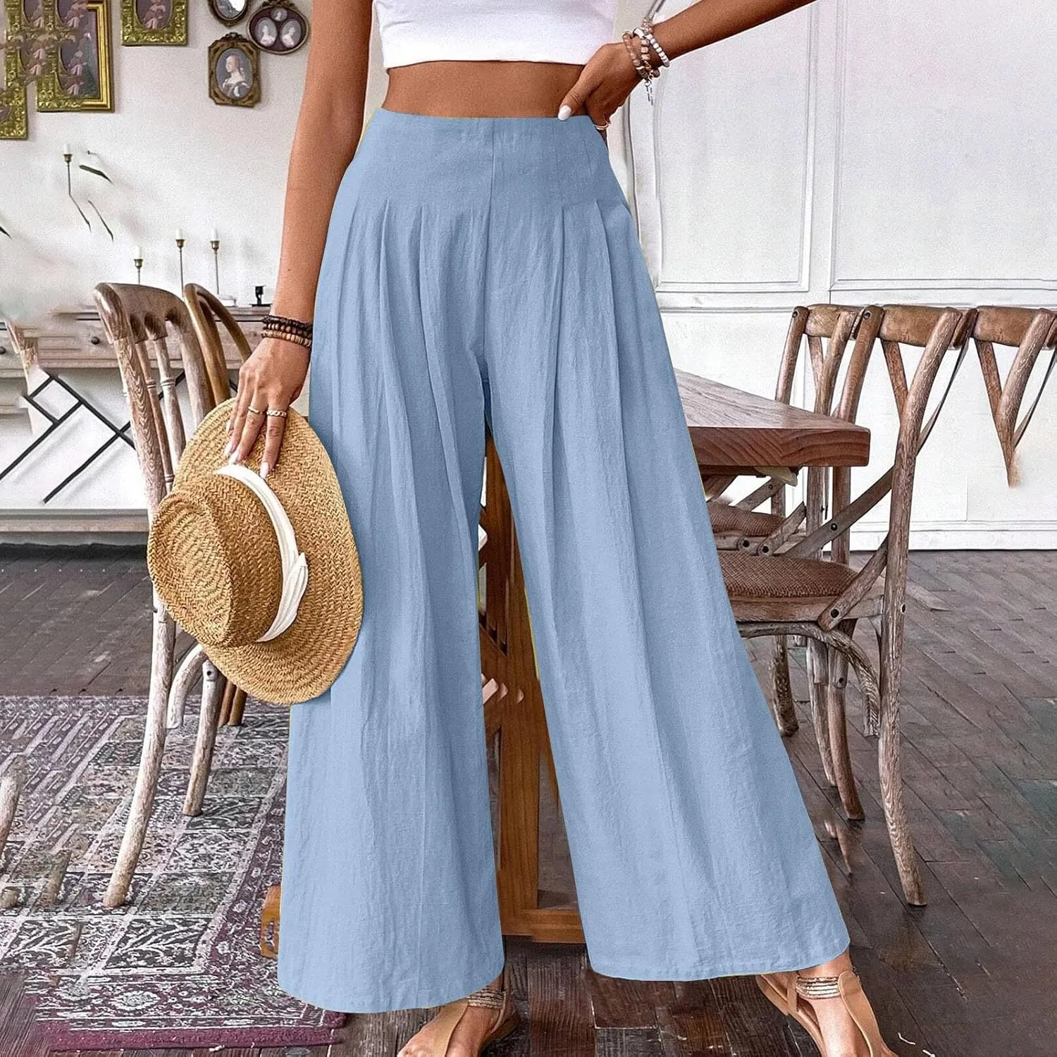 Women's Linen Palazzo Pants Summer Casual Vacation High Waist Wide Leg Trousers Trendy Pleated Beach Lounge Pant 2025