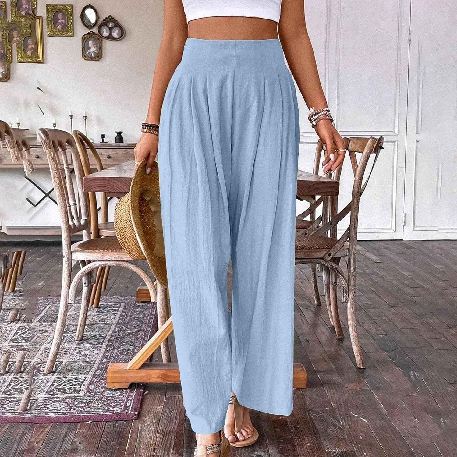 Women's Linen Palazzo Pants Summer Casual Vacation High Waist Wide Leg Trousers Trendy Pleated Beach Lounge Pant 2025