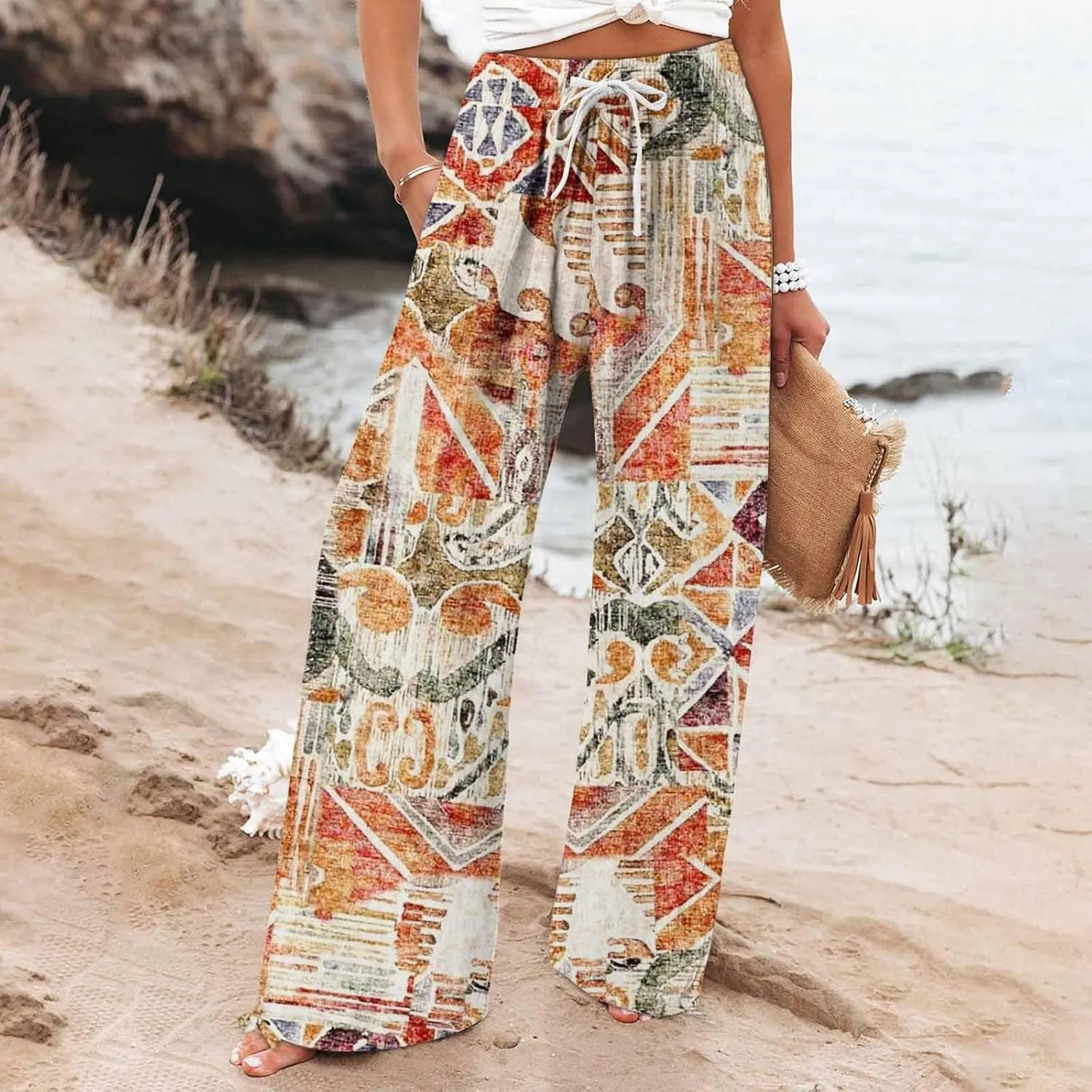 Womens Linen Pants 2025 Summer Wide Leg High Waist Boho Casual Lounge Pant Trousers with Pocket Resort Wear