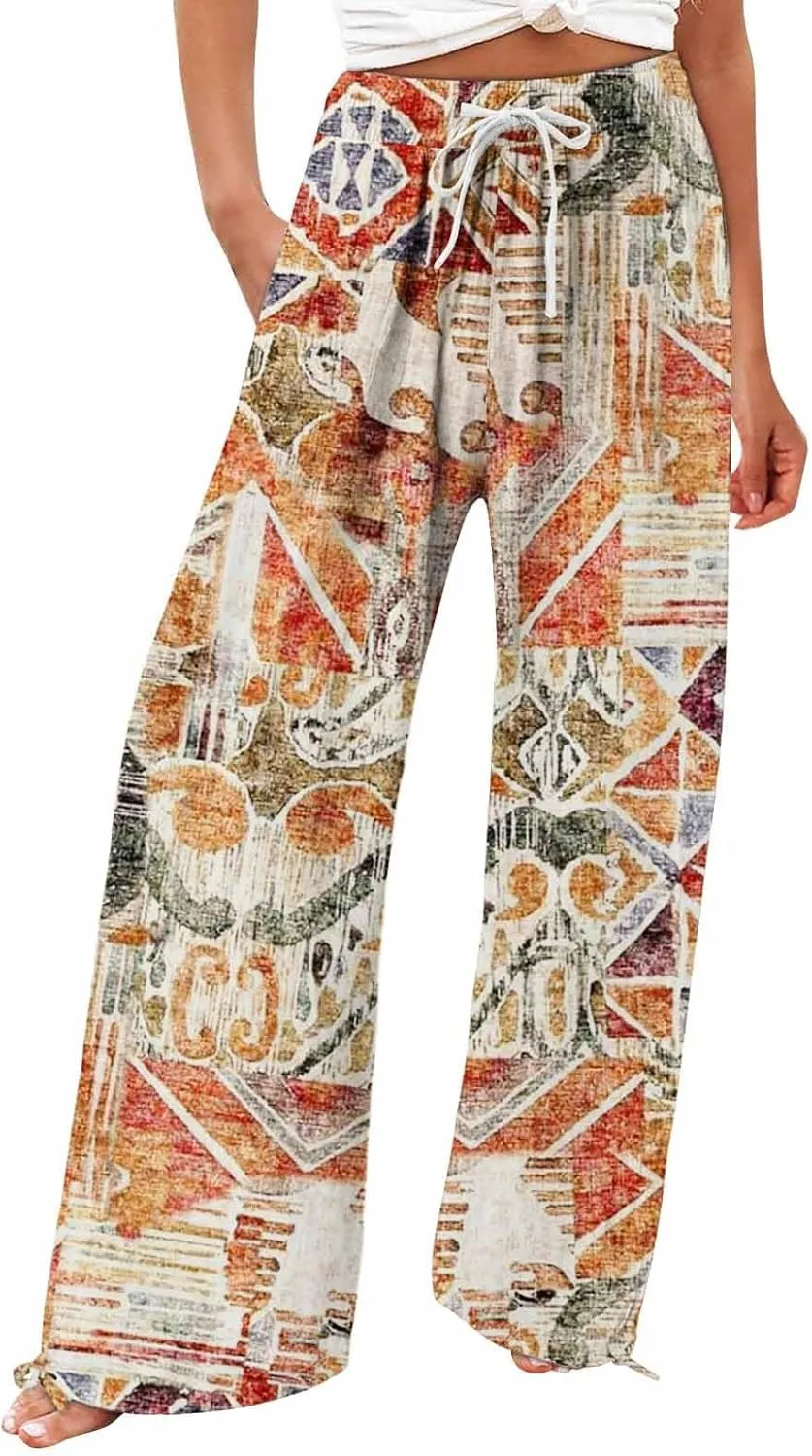 Womens Linen Pants 2025 Summer Wide Leg High Waist Boho Casual Lounge Pant Trousers with Pocket Resort Wear