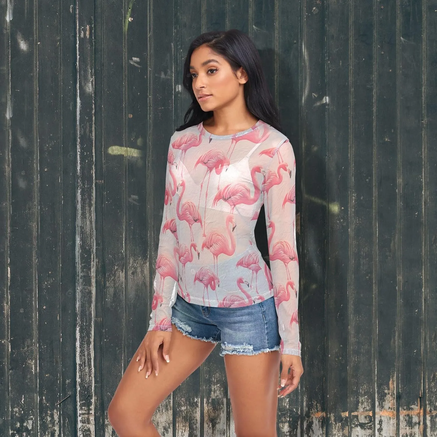 Women's Long Sleeve Mesh Top See Through Clubwear Sheer Tee Top Casual T Shirts Blouse