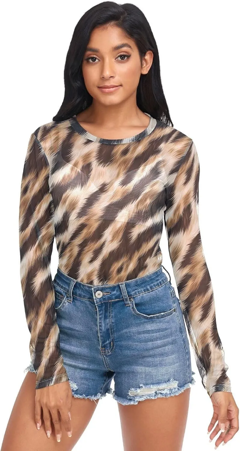 Women's Long Sleeve Mesh Top See Through Clubwear Sheer Tee Top Casual T Shirts Blouse