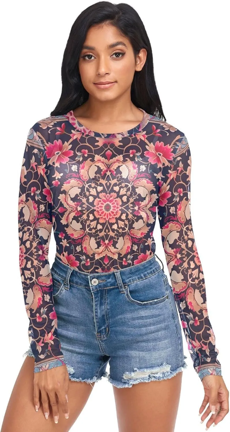 Women's Long Sleeve Mesh Top See Through Clubwear Sheer Tee Top Casual T Shirts Blouse