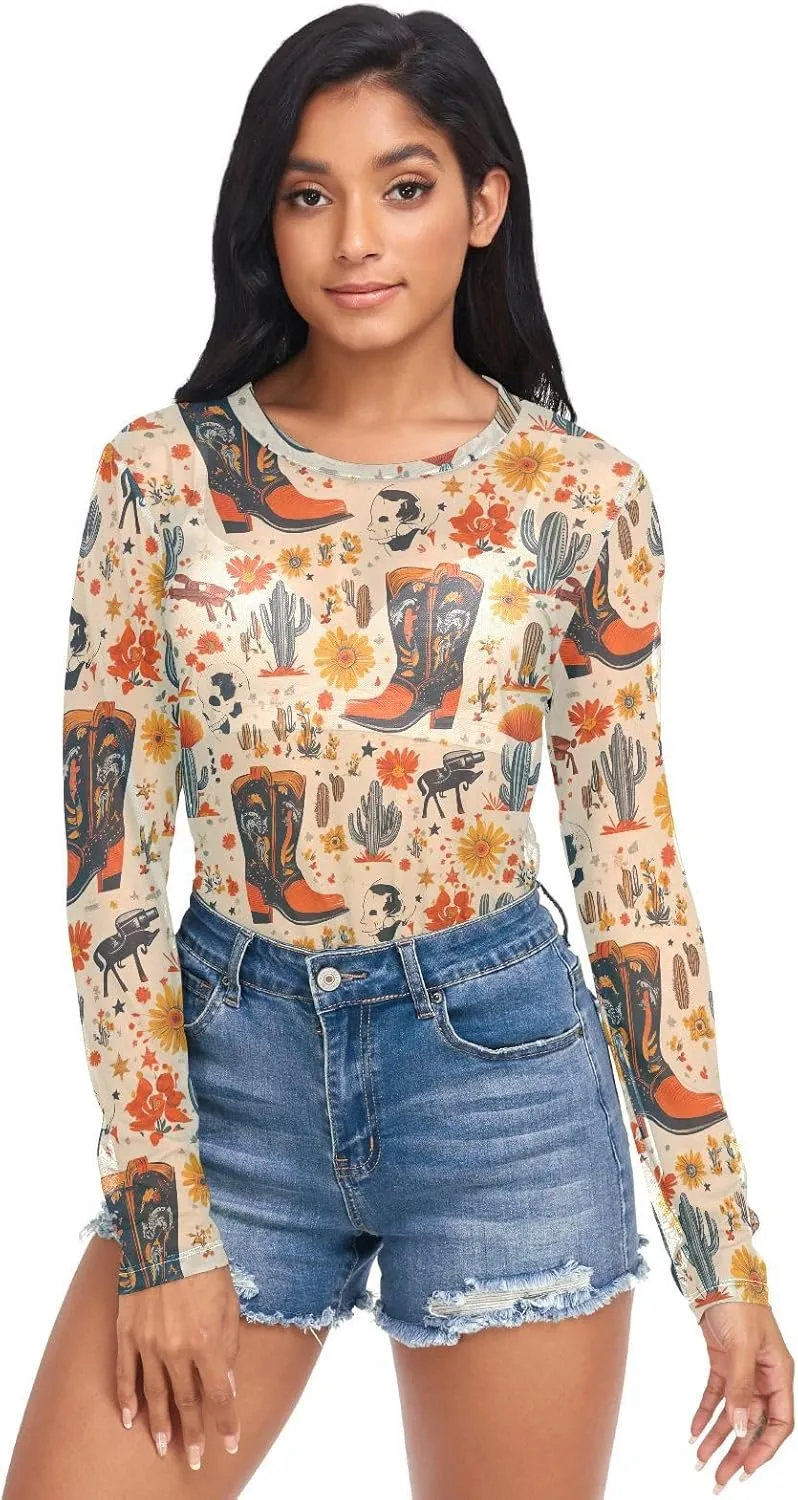 Women's Long Sleeve Mesh Top See Through Clubwear Sheer Tee Top Casual T Shirts Blouse