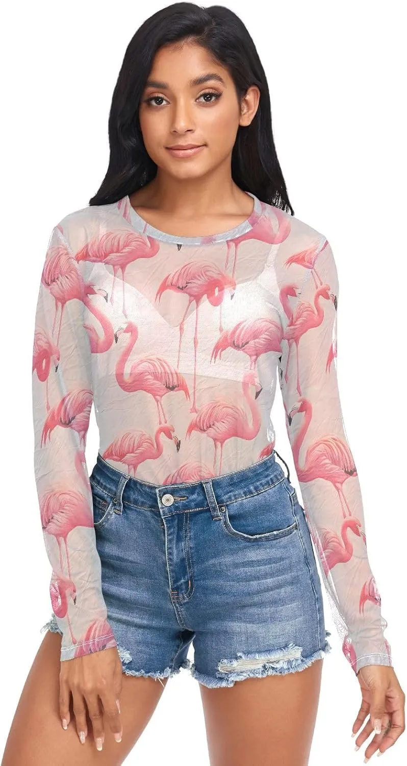 Women's Long Sleeve Mesh Top See Through Clubwear Sheer Tee Top Casual T Shirts Blouse