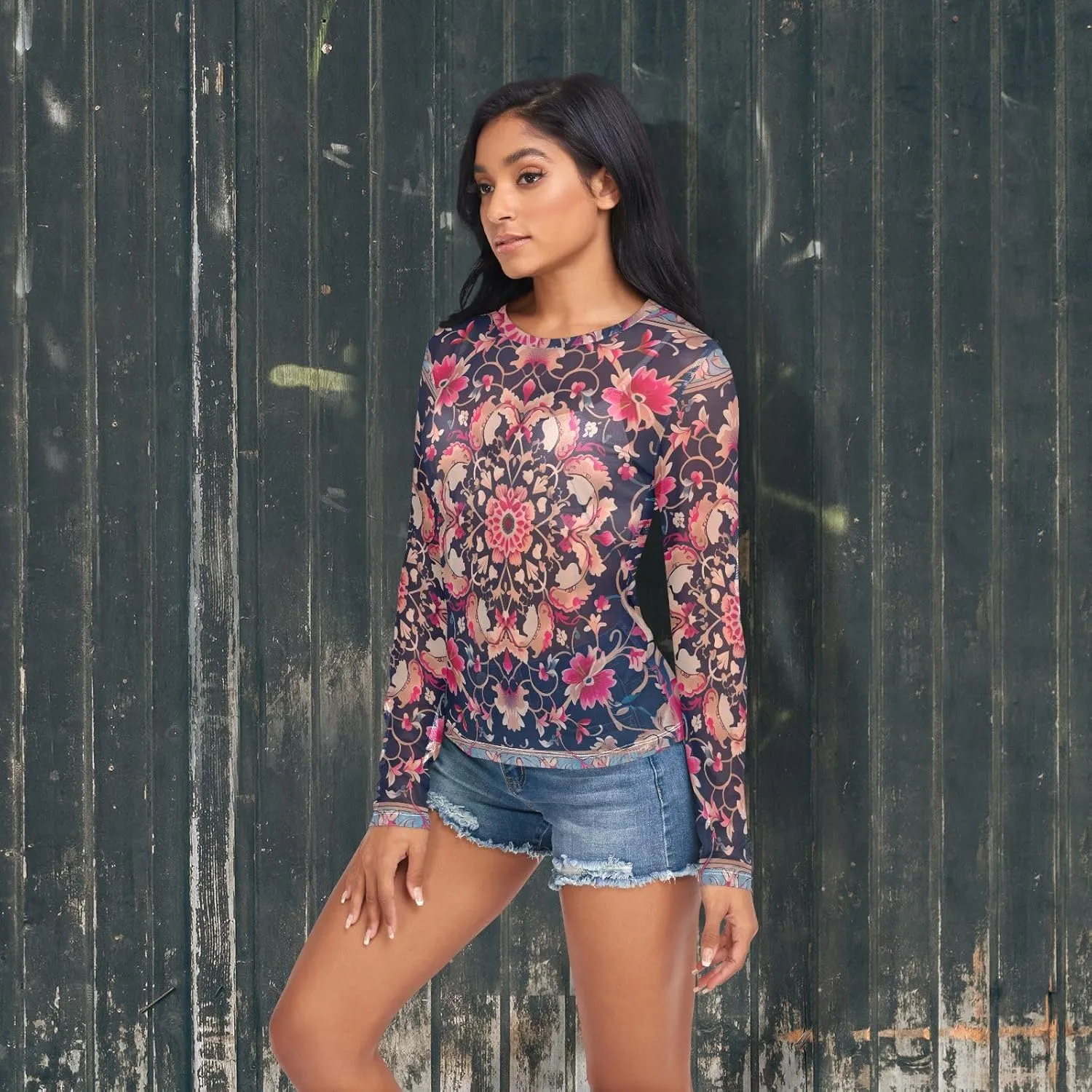 Women's Long Sleeve Mesh Top See Through Clubwear Sheer Tee Top Casual T Shirts Blouse