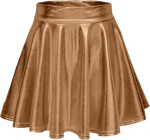 Women's Metallic Skater Skirt Sparkly Shiny Flared Pleated A Line Mini Skort Midi Skirt
