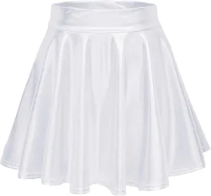 Women's Metallic Skater Skirt Sparkly Shiny Flared Pleated A Line Mini Skort Midi Skirt