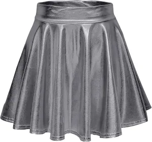 Women's Metallic Skater Skirt Sparkly Shiny Flared Pleated A Line Mini Skort Midi Skirt