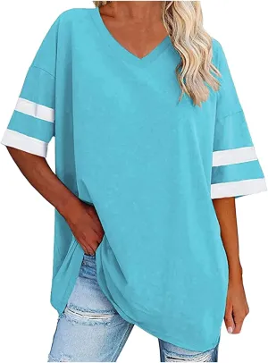 Women's Oversized T Shirts Short Sleeve Crewneck Summer Tops Casual Loose Tee Shirts with Stripe is on The Arms
