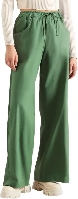 Women's Pants Flowy Long Wide Leg High Waisted Pants Casual Drawstring Pull On Beach Trousers with Pockets