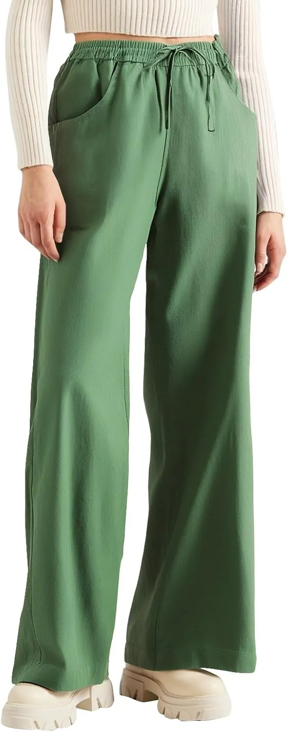 Women's Pants Flowy Long Wide Leg High Waisted Pants Casual Drawstring Pull On Beach Trousers with Pockets