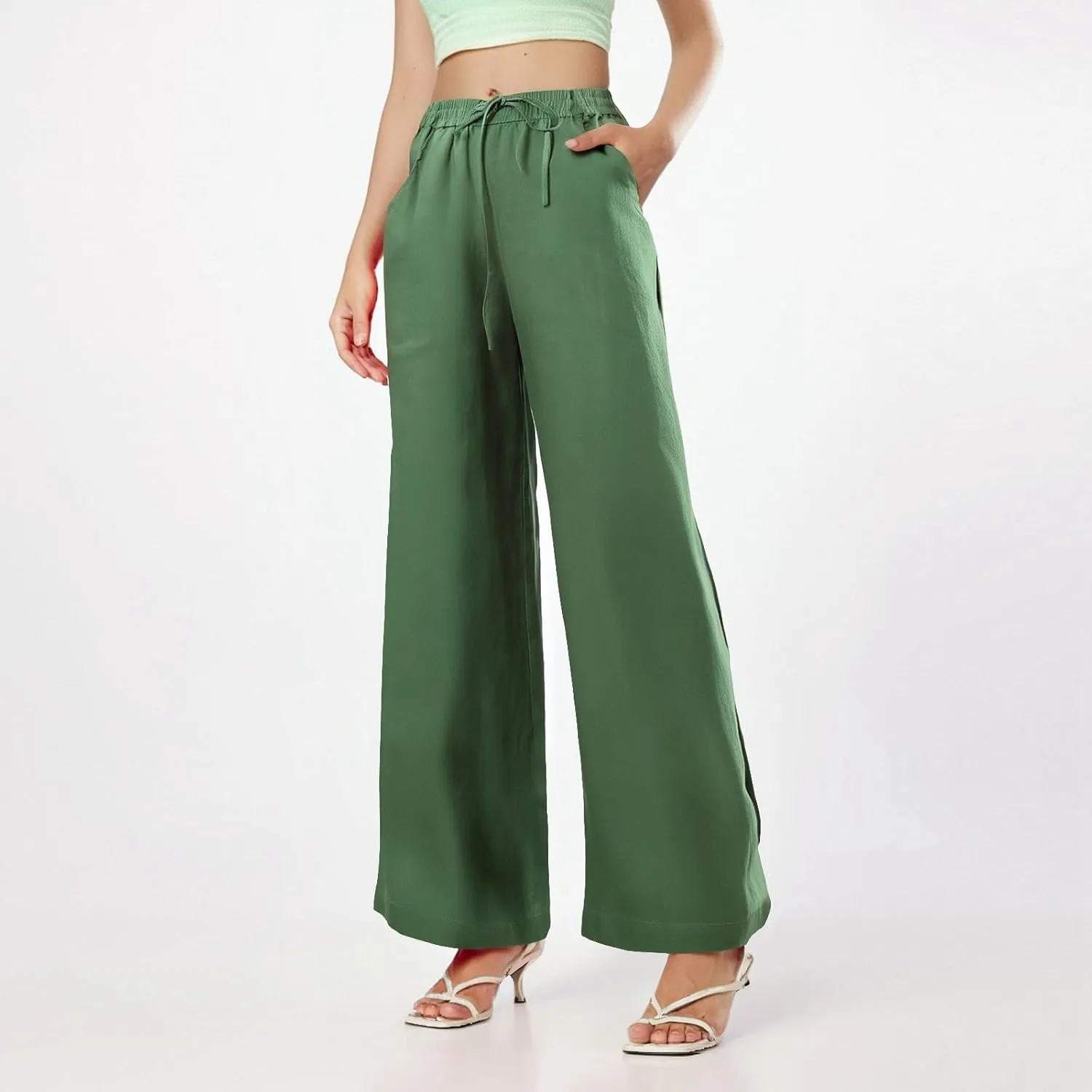 Women's Pants Flowy Long Wide Leg High Waisted Pants Casual Drawstring Pull On Beach Trousers with Pockets