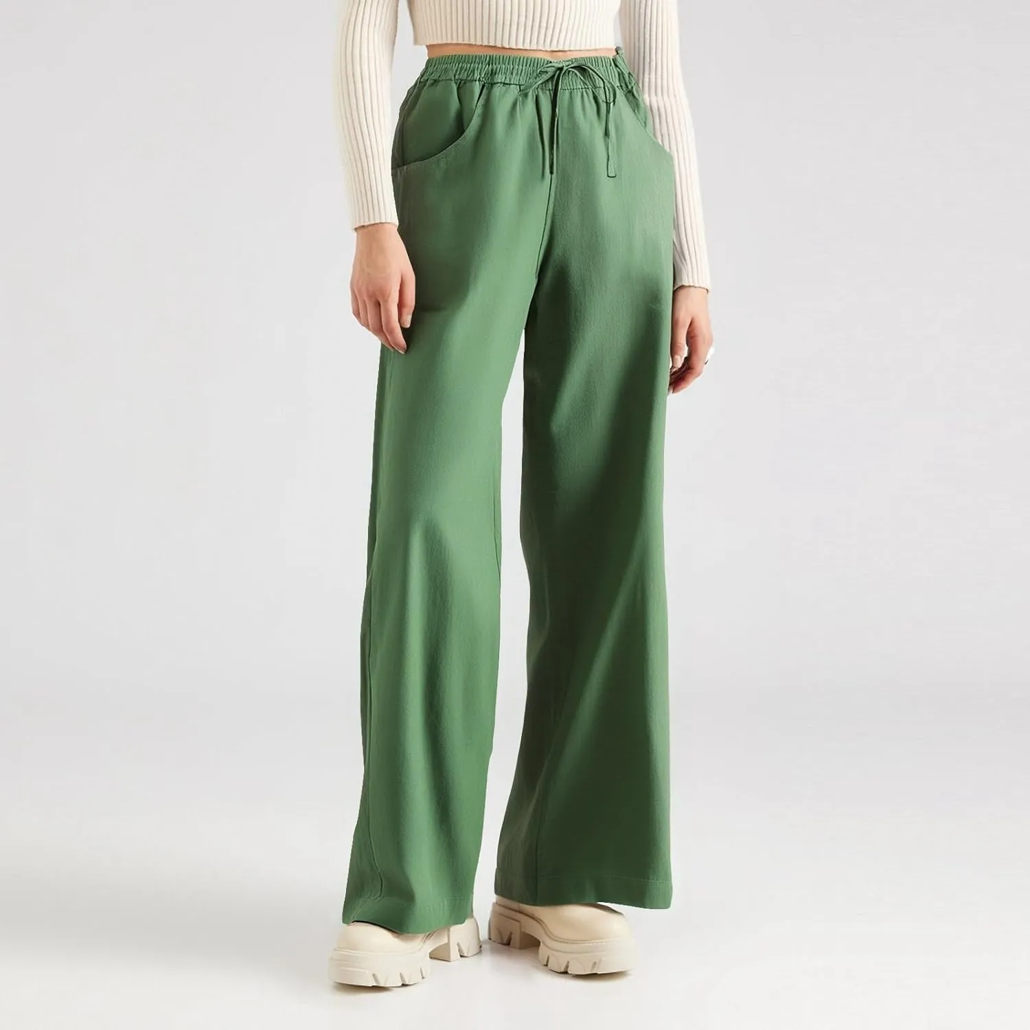 Women's Pants Flowy Long Wide Leg High Waisted Pants Casual Drawstring Pull On Beach Trousers with Pockets