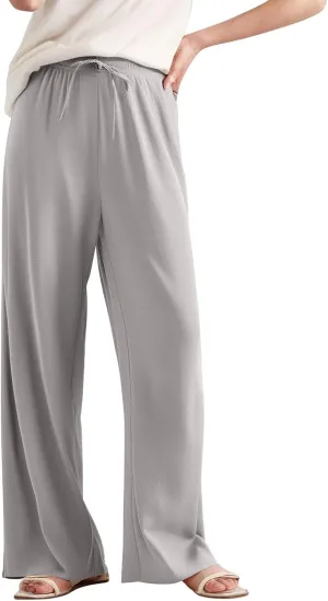 Women's Pants Wide Leg High Waisted Trousers Dressy Casual Drawstring Pleated Pull On Vacation Pants