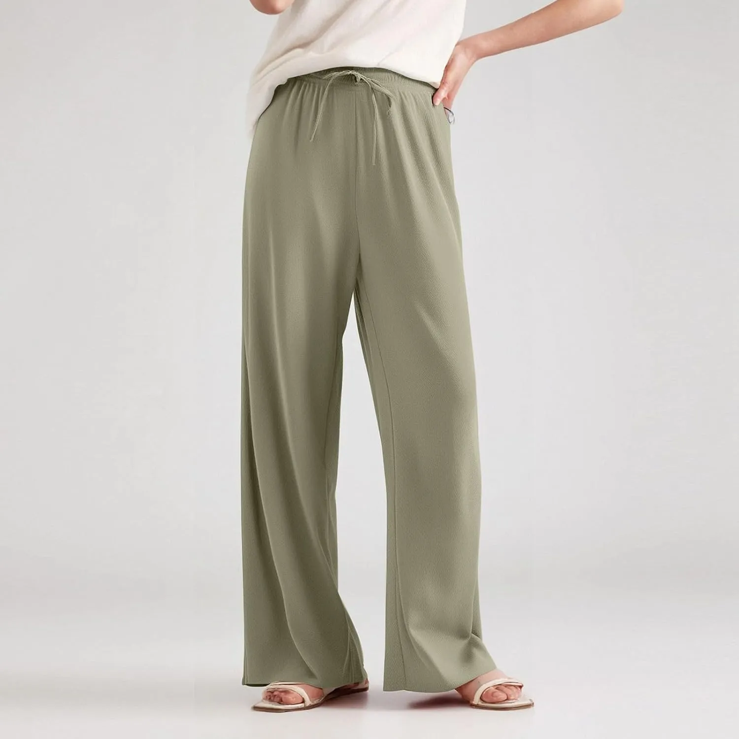 Women's Pants Wide Leg High Waisted Trousers Dressy Casual Drawstring Pleated Pull On Vacation Pants