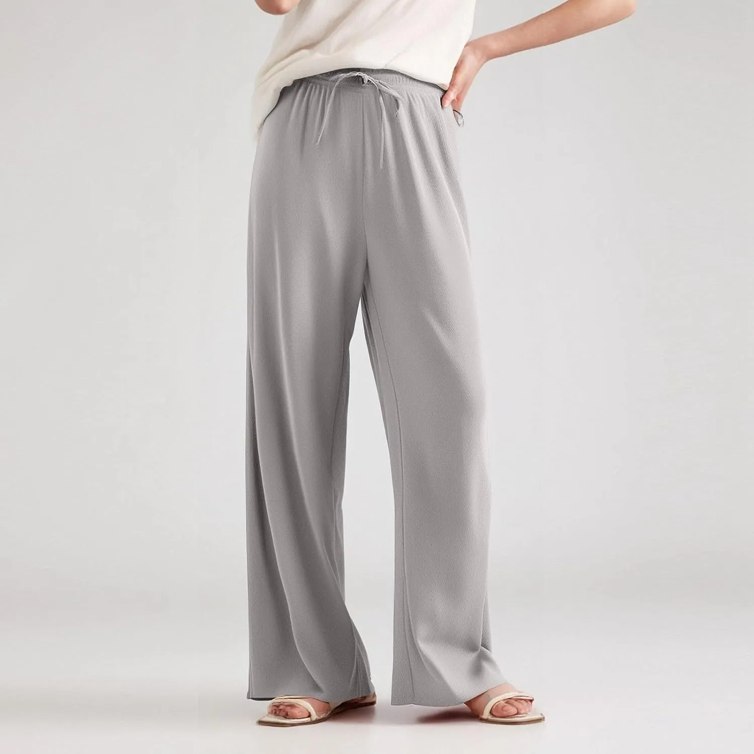 Women's Pants Wide Leg High Waisted Trousers Dressy Casual Drawstring Pleated Pull On Vacation Pants