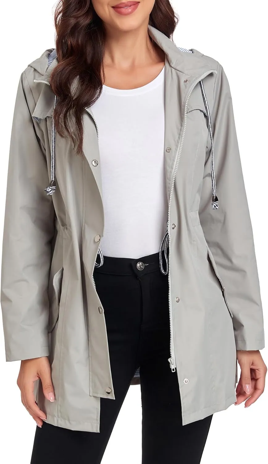 Women's Raincoats Windbreaker Rain Jacket Waterproof Lightweight Outdoor Hooded Trench Coats S-XXL