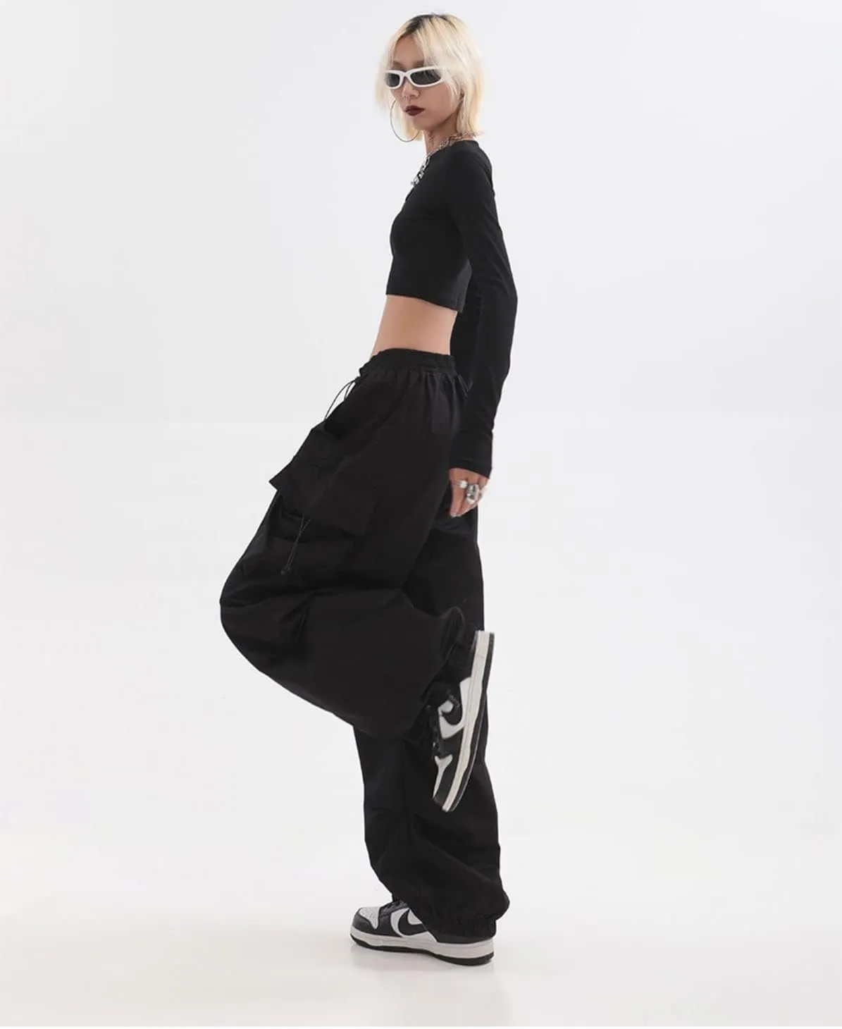 Women's Retro Pocket Cargo Pants Hip-hop Leggings Drawstring high Waist Straight Trousers Loose Casual Pants