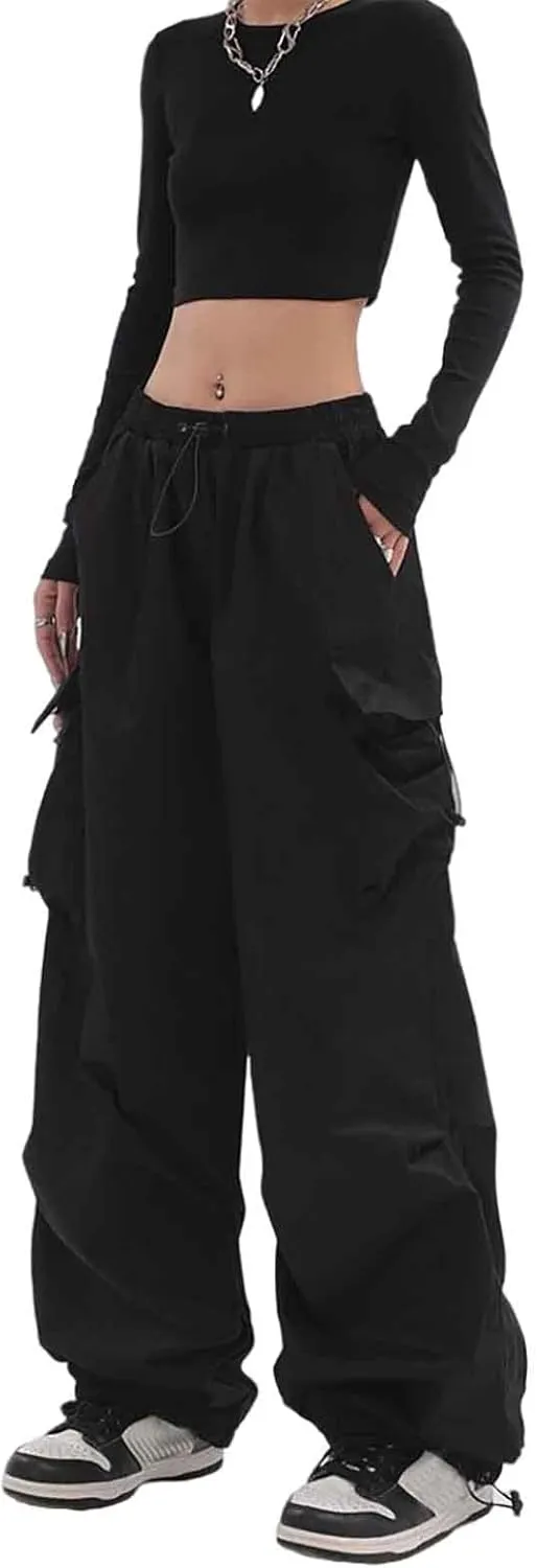 Women's Retro Pocket Cargo Pants Hip-hop Leggings Drawstring high Waist Straight Trousers Loose Casual Pants