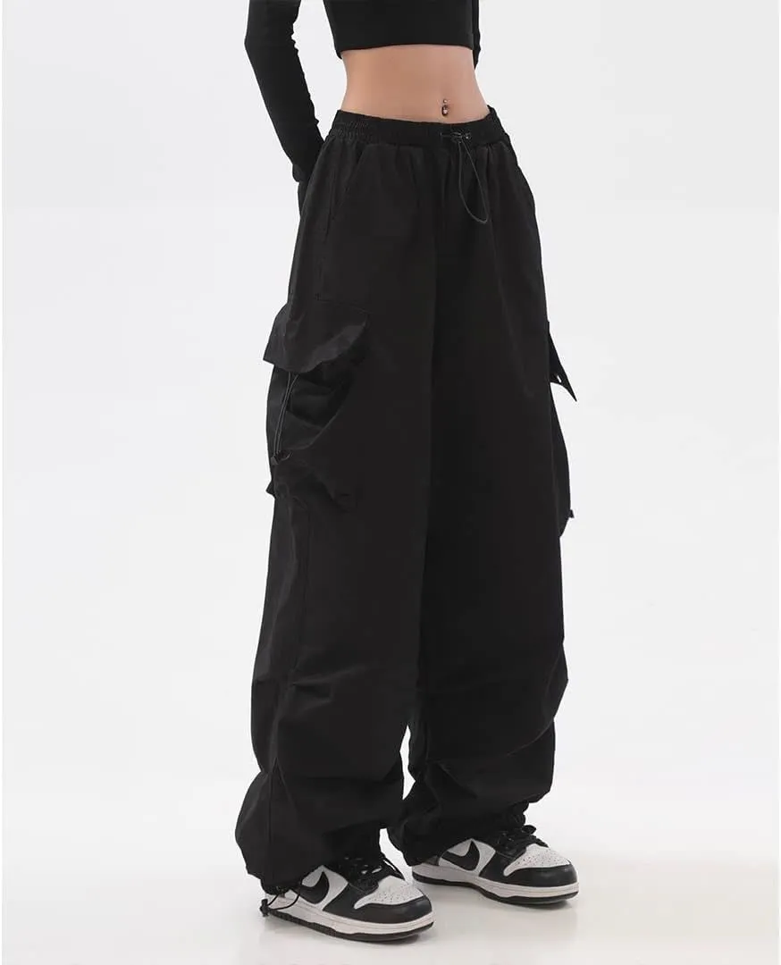 Women's Retro Pocket Cargo Pants Hip-hop Leggings Drawstring high Waist Straight Trousers Loose Casual Pants