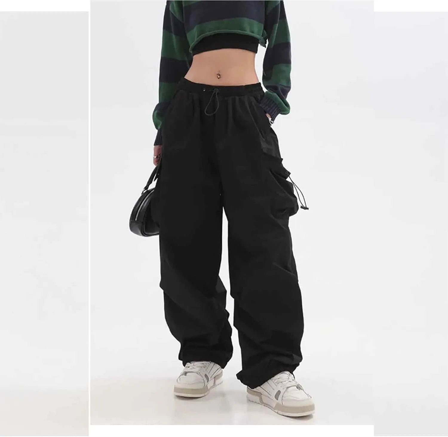 Women's Retro Pocket Cargo Pants Hip-hop Leggings Drawstring high Waist Straight Trousers Loose Casual Pants