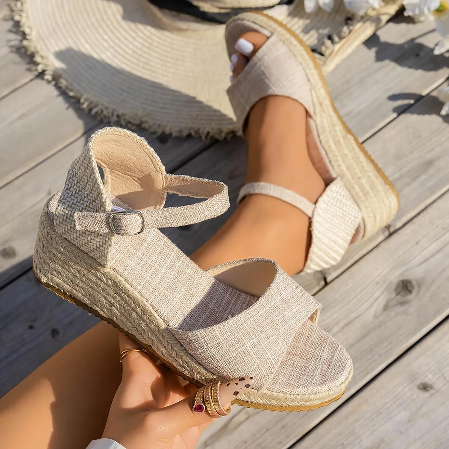 Womens Sandals Comfortable Espadrille Braided Platform Wedges Summer Beach Casual Buckle Strap Comfy Orthopedic Sandals