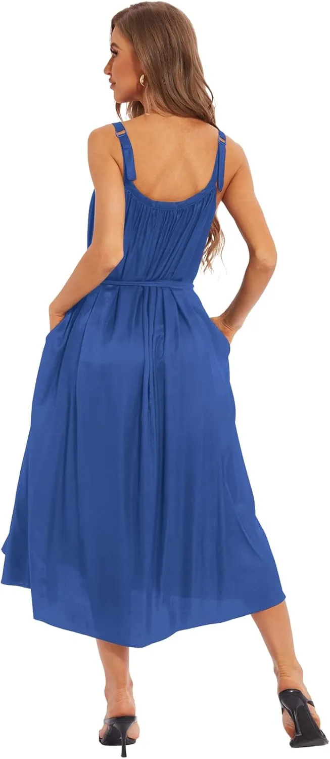 Women's Satin Dress with Pockets Maxi Sleeveless Spaghetti Strap Slip Midi Dress