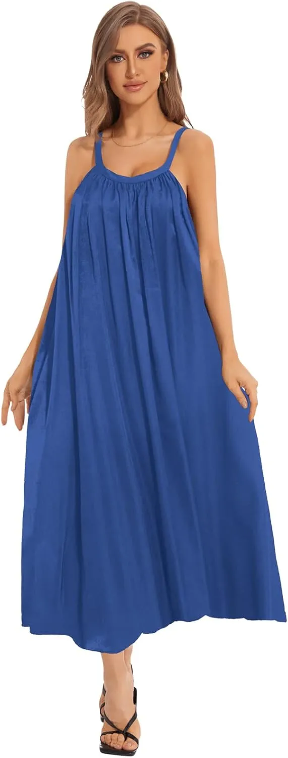 Women's Satin Dress with Pockets Maxi Sleeveless Spaghetti Strap Slip Midi Dress