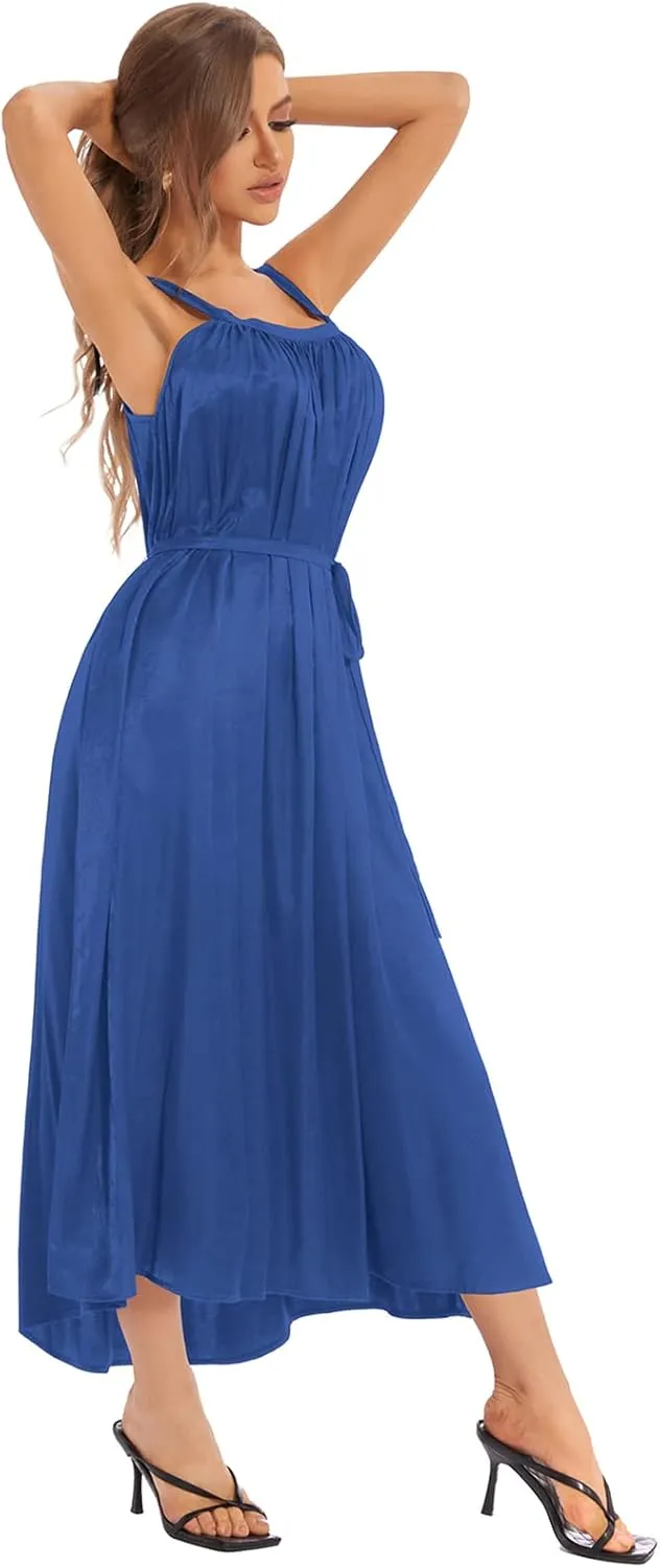 Women's Satin Dress with Pockets Maxi Sleeveless Spaghetti Strap Slip Midi Dress