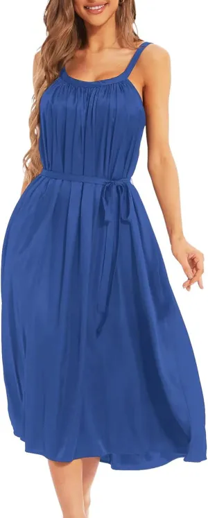 Women's Satin Dress with Pockets Maxi Sleeveless Spaghetti Strap Slip Midi Dress