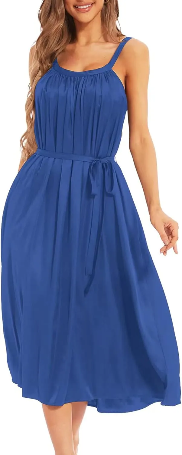 Women's Satin Dress with Pockets Maxi Sleeveless Spaghetti Strap Slip Midi Dress