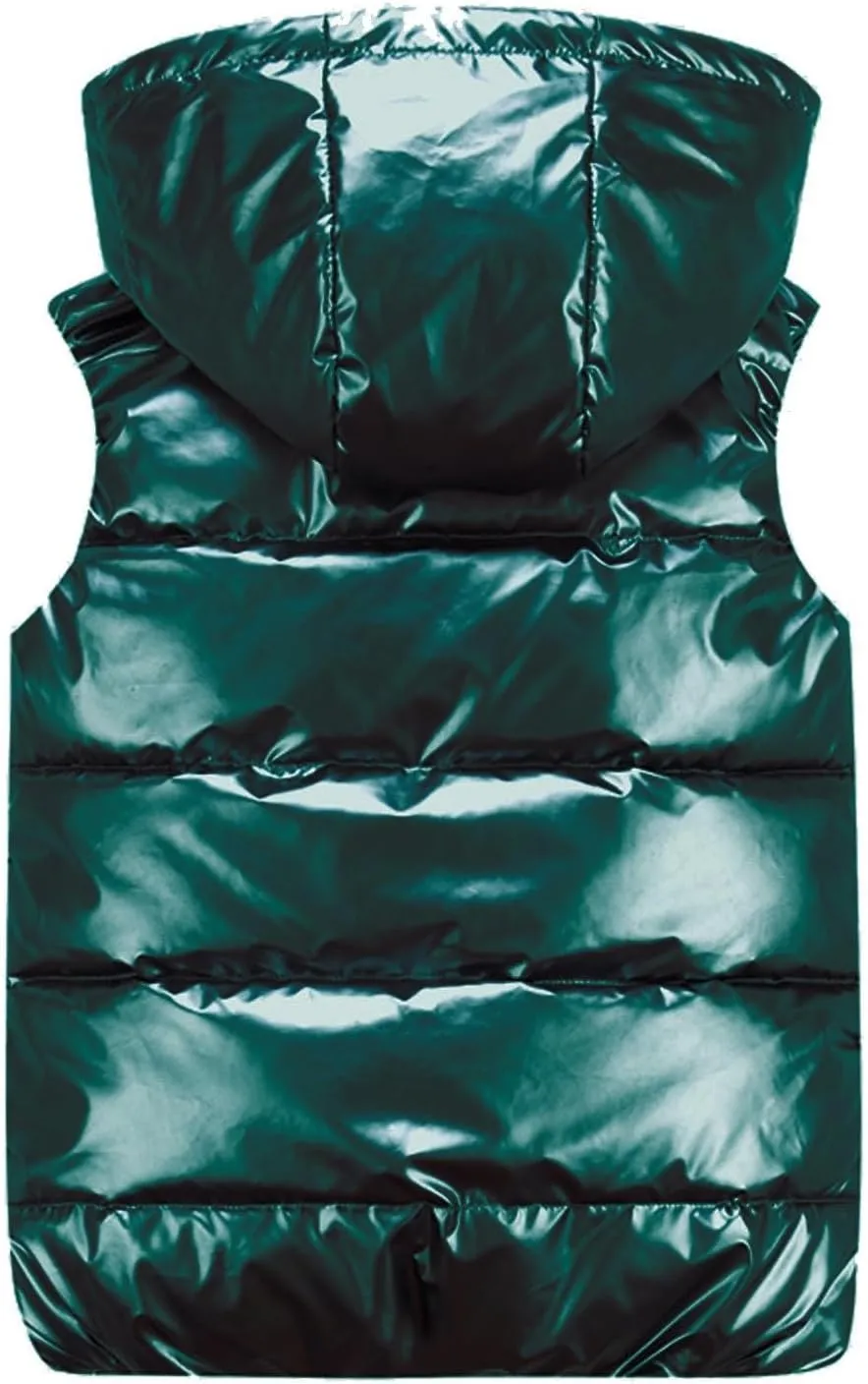 Womens Shiny Puffer Down Vest Quilted Zip Up Hat Collar Pocketed Sleeveless Jacket Puffer Vest Women