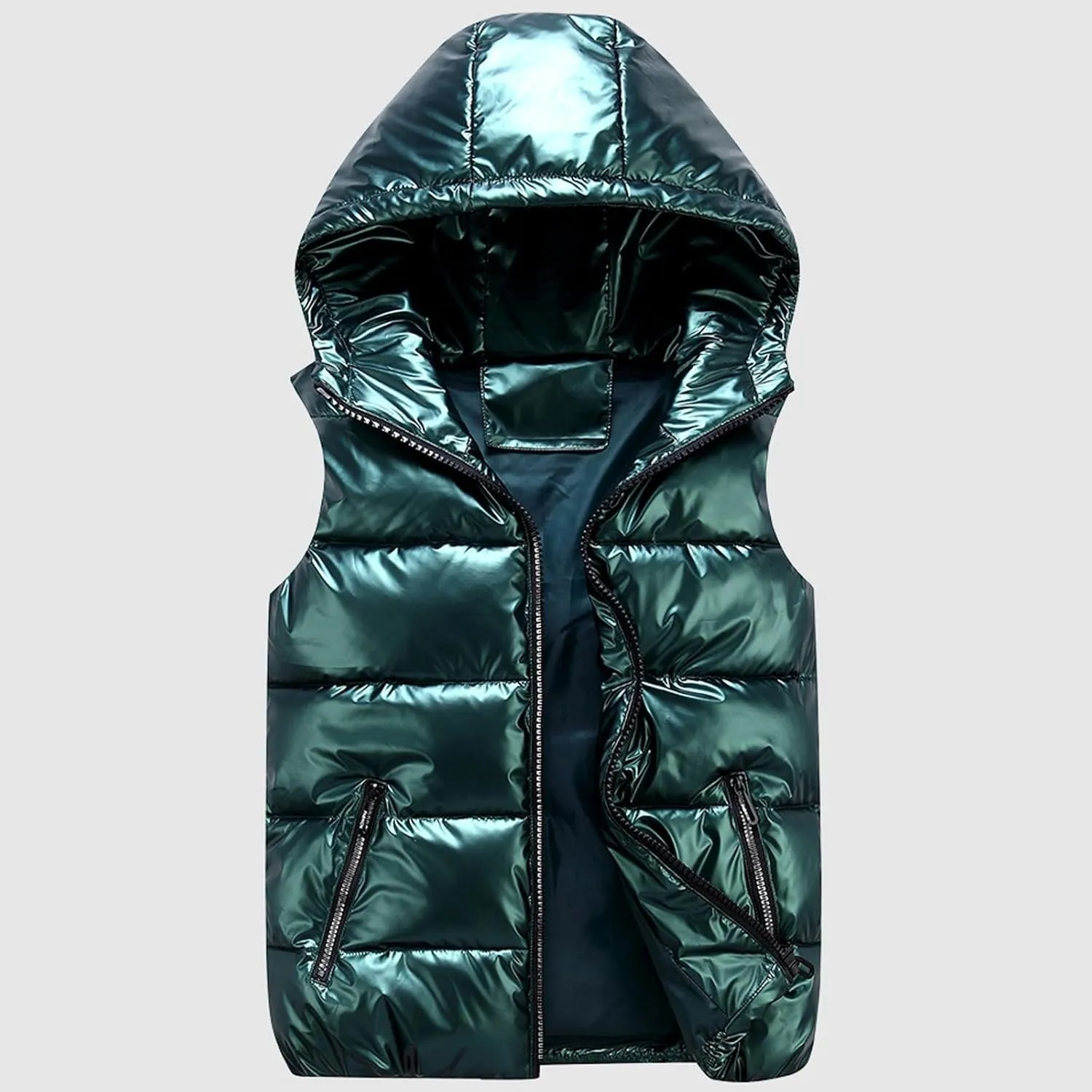 Womens Shiny Puffer Down Vest Quilted Zip Up Hat Collar Pocketed Sleeveless Jacket Puffer Vest Women